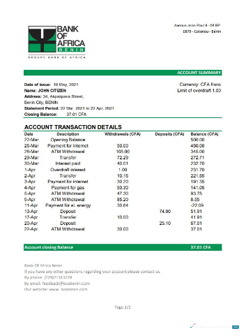 Download Benin Bank of Africa bank statement excel Photoshop template